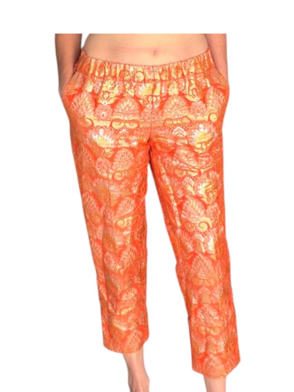 J.Crew Collection Metallic Orange Gold Brocade ornate scroll Tapered Pants Sz 4